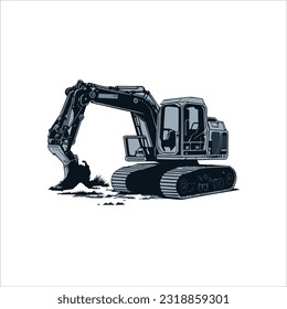 vector image of excavator, black color, white background, heavy machine.