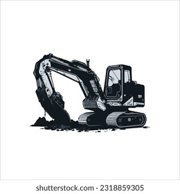 vector image of excavator, black color, white background, heavy machine.