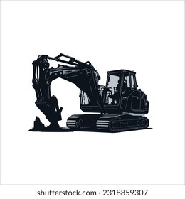 vector image of excavator, black color, white background, heavy machine.