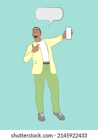 vector image of excited guy holding big smartphone with white blank screen in hand