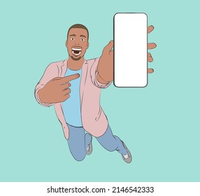 	
imagen vectorial de un tipo emocionado sosteniendo un smartphone grande con pantalla blanca en la mano