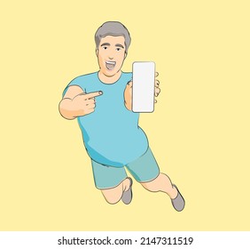 vector image of excited guy holding big smartphone with white blank screen in hand