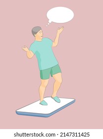 vector image of excited guy standing on big smart phone with white blank screen