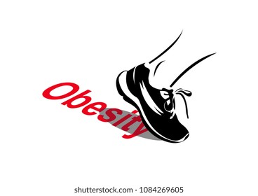 Vector image of exercise with relation to obesity - a sport shoe pushing off the word "Obesity"
