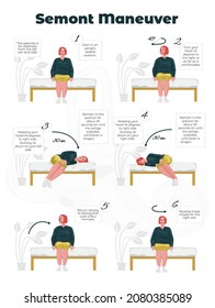 Vector Image Of An Exercise With Steps By Semont For Treatment Of Vertigo In Benign Paroxysmal Vertigo, BPPV. Concept Vestibulology, Neurology, Otology. Recommendation To Patient,  For Left Ear.    