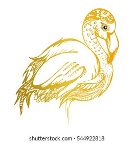 Vector image of an exotic pink flamingos. Line drawing of wild tropical birds isolated. Africa, reserve, zoo animal. Printing on T-shirts, souvenirs, books, fabrics. Nice element fauna. Gold, beauty.