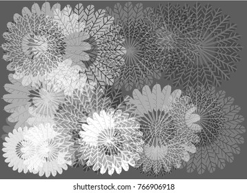 Vector image of exotic silhouette leaves flat laying on grey background. 