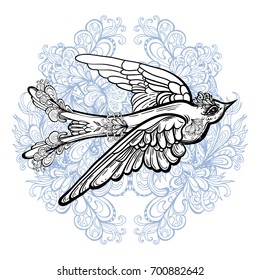 Vector image of an exotic small bird on the background of stylized plants. Line drawing of wild tropical bird isolated. Totem animal, harbinger swallow. Printing on T-shirts, fabrics. Book coloring.