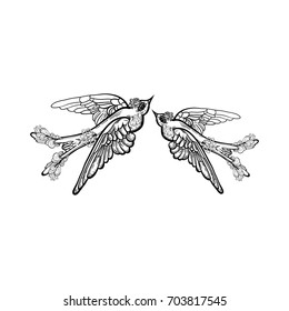 Vector image of an exotic small bird on the background of stylized plants. Line drawing of wild tropical bird isolated. Printing on T-shirts, fabrics. Book coloring. Invitation to a wedding, holiday.