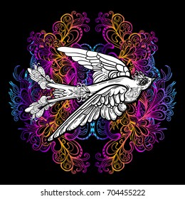 Vector image of an exotic small bird on the background of stylized plants. Line drawing of wild tropical bird isolated.