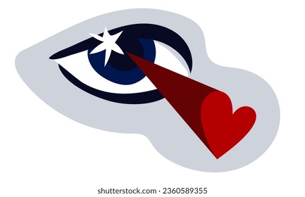 Vector image of an eye shooting hearts. Fast love, burning eyes, beauty, infatuation, heartthrob. Conceptual illustration. Stickers, scrapbooking. Heartbreaker, management, feelings, emotions