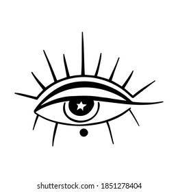 Vector image of an eye with a star in the pupil. Long eyelashes, eye in boho style isolated on white background.