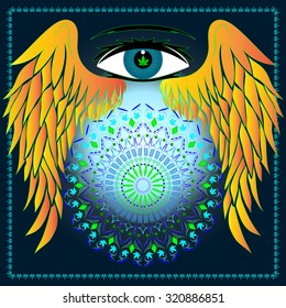Vector image of an Eye, Wings, Marijuana leaves and mandala in abstract art style, done in a slightly psychedelic manner