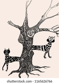 Vector image of the fabulous cats and decorative tree