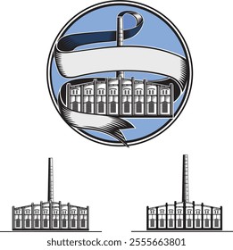 Vector image of the facade of an old factory with a pipe. Drawing. Logo.