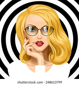 Vector image of face of the beautiful blonde girl with glasses on black and white circles background. Vector illustration