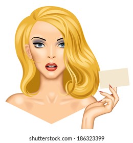 Vector image of face of the beautiful girl with long blonde hair and hand with a business card