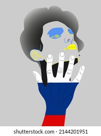 La imagen vectorial, una cara en los colores amarillo-azul de la bandera ucraniana, está amenazada por una mano en los colores de la bandera de la Federación Rusa.