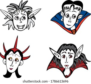 Vector image of faces of various cartoon vampires