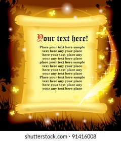 Vector image of fairy glowing yellow parchment with luminescent butterflies and magic pen against a background of forest in night