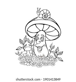Vector image of a fairy mushroom. Black and white coloring.