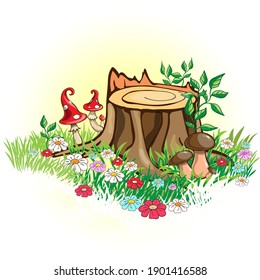 Vector image of a fairy stump with mushrooms.