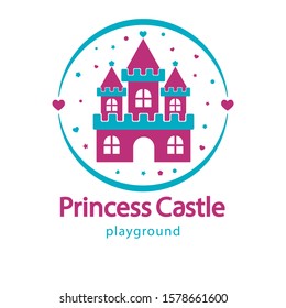 Vector image of a fairytale magic castle with rainbow, towers and flags. Logo, pictogram or icon for a children's game club, development center, store, toys, children's room, kids zone, playground.