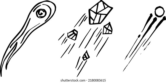 Vector image of falling comets. A set of asteroids. Space objects, doodles.