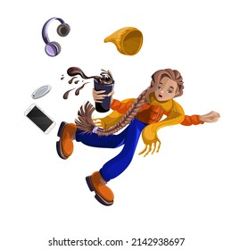 Vector image of a falling girl in dynamics and all the things that were with her. Concept reflecting the problem of life in gadgets. EPS 10