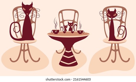 Vector Image Of A Family Of Cats At A Table, Sitting On Chairs And Drinking Tea And Coffee