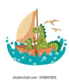 vector image of a family of dinosaurs that are floating on a boat