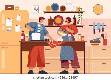 Vector image of family at home cooking. Illustration of kitchen with man and woman cook food. Sign with people making domestic meal or preparing homemade nutrition. Culinary and recipe, cuisine theme