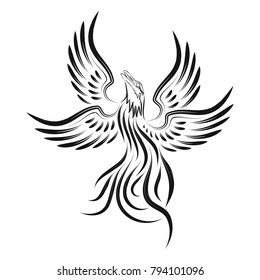 The vector image of a fantastic being - a phoenix with open wings. Tribal black tattoo.Vector illustration.