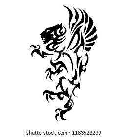 Vector image of a fantastic creature. Tiger dragon. Heraldic lion. Royal animal. Power and wisdom. Black tribal tattoo. Vector illustration.