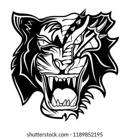 Vector image of a fantastic creature. Tiger dragon. Dualism - an eternal fight. Force and power. Wisdom and courage. Eternity symbol. Black tribal tattoo. Vector illustration.