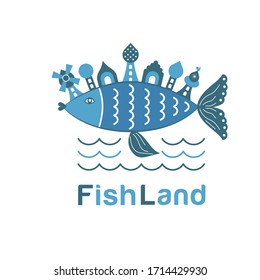 Vector image of a fantasy fish with a city and houses on the back. The illustration symbolizes magic, fairy tale, wonderland. Logo of a kids club and zone, playground, development center, channel.