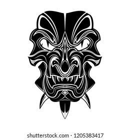 Vector image of a fantasy of a mask of the Samurai. Drawing of a traditional Japanese mask. Mythical demon. Black tribal tattoo. Vector illustration.