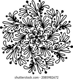 vector image of a fantasy snowflake for winter design, stylized flower with branches in leaves and small berries, lace pattern