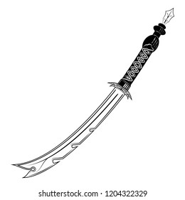 Vector image of a fantasy sword. Blade of the mythical Samurai. The drawing for design. Mystical weapon. Black tattoo. Vector illustration.