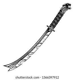Vector image of a fantasy sword. Blade of the mythical Samurai. The drawing for design. Mystical weapon. Black tattoo. Grunge style. Vector illustration.