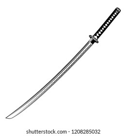 Vector image of a fantasy of a sword. Long blade of the Samurai. Katana. The drawing for design. Ancient weapon. Black tattoo. Vector illustration.
