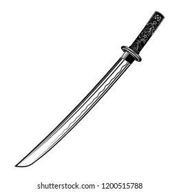 Vector image of a fantasy sword. Samurai blade. The drawing for design. Ancient weapon. Black tattoo. Vector illustration.