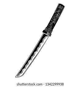 Vector image of a fantasy of a sword. Samurai's dagger. Tanto. Short blade of the warrior. Drawing for design. Black tattoo. Vector illustration.