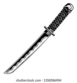 Vector image of a fantasy of a sword. Samurai's dagger. Tanto. Short blade of the warrior. Drawing for design. Dead head. Skull with canines. Black tattoo. Vector illustration.