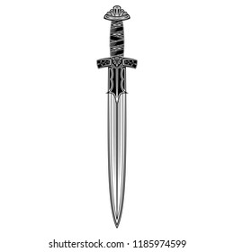 Vector image of a fantasy sword. Viking's blade. Sacred weapon of Normans. The drawing for design. Black tattoo. Vector illustration.