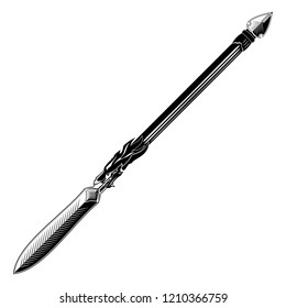 Vector image of a fantasy of weapon. Spear of the mythical Samurai. Japanese blade. Head of a dragon. Black tattoo. The drawing for design. Vector illustration.