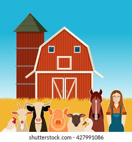 Vector image of the  Farm banner with animals and a woman