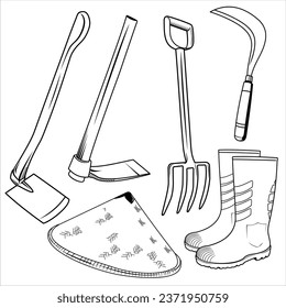 Vector image of farming equipment isolated on transparent background. 
Hoe, mattock, boots, sickle, straw hat, bamboo hat, fork hoe vector images.