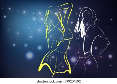 Vector image for fashion design. Bright flyer with a two young sexy girl dancing. Technique of drawing a sketch. Music, dancing, fashion, youth. Bright color