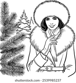 Vector image fashionable woman in a warm coat and fur hat, surrounded by snowy trees